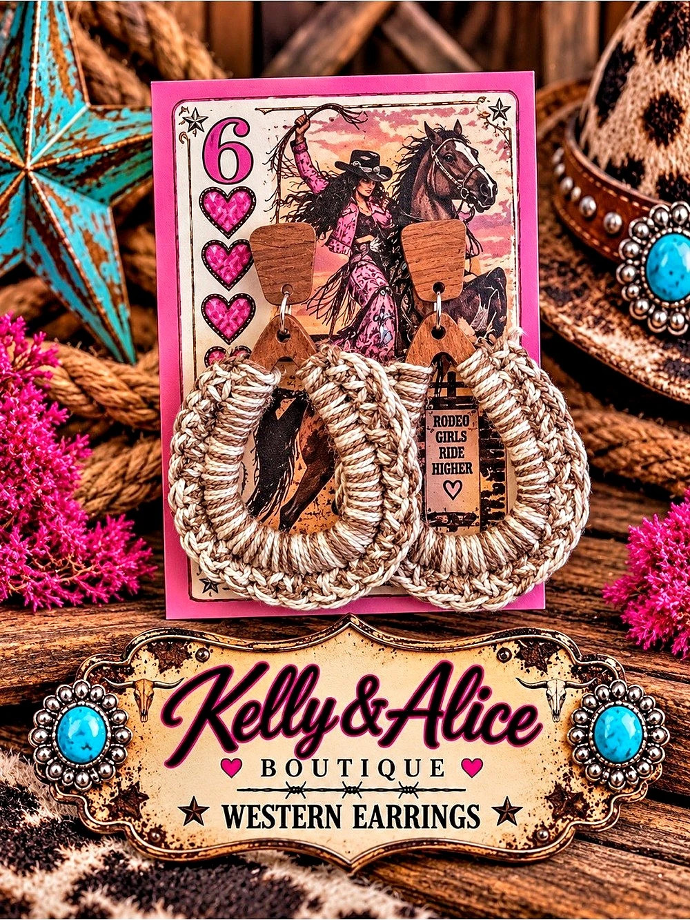 Kelly & Alice Boutique Western Rodeo Earrings in Brown & Pink NWT